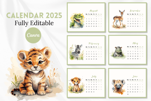 Editable Calendar 2025 Canva Template: Cute Animal Designs for Home & Office